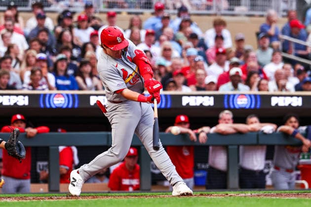 June 12th, 2026: St. Louis Cardinals third baseman Blaze Jordan (33) hits a single against the Minnesota Twins in the second inning of a MLB, Baseball Herren, USA Baseball game between the St. Louis Cardinals and the Minnesota Twins at Target Field in Minneapolis, Minnesota. This is Blaze JordanÃ¢â‚¬â ¢s MLB debut. CSM Minneapolis USA - ZUMAc04_ 20260612_zma_c04_120 Copyright: xStevenxGarciax