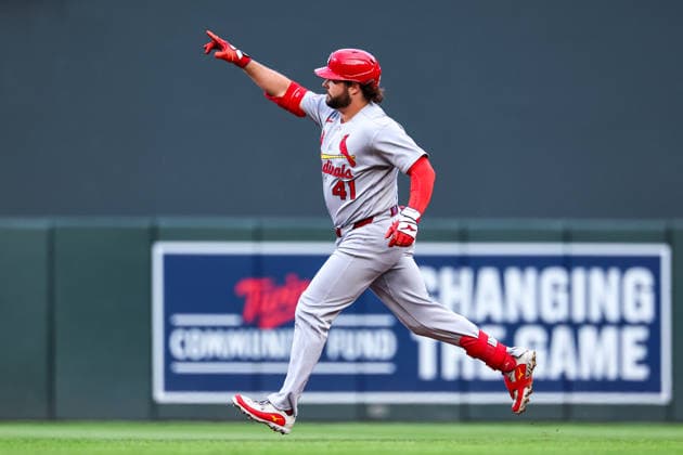 June 12th, 2026: St. Louis Cardinals first baseman Alec Burleson (41) celebrates a solo home run during the first inning of a MLB, Baseball Herren, USA Baseball game between the St. Louis Cardinals and the Minnesota Twins at Target Field in Minneapolis, Minnesota. CSM Minneapolis USA - ZUMAc04_ 20260612_zma_c04_121 Copyright: xStevenxGarciax