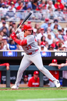 June 12th, 2026: St. Louis Cardinals third baseman Blaze Jordan (33) bats against the Minnesota Twins in the second inning of a MLB, Baseball Herren, USA Baseball game between the St. Louis Cardinals and the Minnesota Twins at Target Field in Minneapolis, Minnesota. CSM Minneapolis USA - ZUMAc04_ 20260612_zma_c04_124 Copyright: xStevenxGarciax