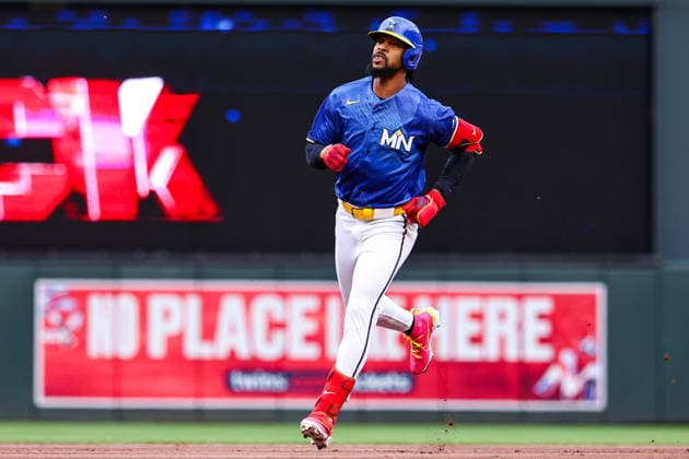 June 12th, 2026: Minnesota Twins center fielder Byron Buxton (25) celebrates a solo home run in the first inning of a MLB, Baseball Herren, USA Baseball game between the St. Louis Cardinals and the Minnesota Twins at Target Field in Minneapolis, Minnesota. CSM Minneapolis USA - ZUMAc04_ 20260612_zma_c04_125 Copyright: xStevenxGarciax