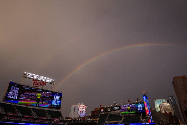 June 12th, 2026: A rainbow appears over Target Field during a rain delay at a MLB, Baseball Herren, USA Baseball game between the St. Louis Cardinals and the Minnesota Twins at Target Field in Minneapolis, Minnesota. CSM Minneapolis USA - ZUMAc04_ 20260612_zma_c04_141 Copyright: xStevenxGarciax