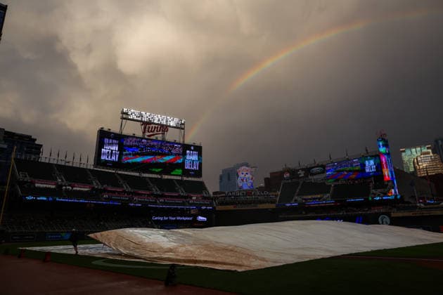 June 12th, 2026: A rainbow appears over Target Field during a rain delay at a MLB, Baseball Herren, USA Baseball game between the St. Louis Cardinals and the Minnesota Twins at Target Field in Minneapolis, Minnesota. CSM Minneapolis USA - ZUMAc04_ 20260612_zma_c04_143 Copyright: xStevenxGarciax