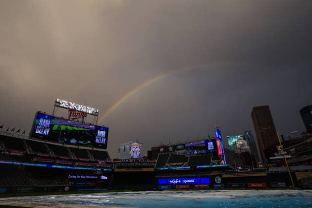 June 12th, 2026: A rainbow appears over Target Field during a rain delay at a MLB, Baseball Herren, USA Baseball game between the St. Louis Cardinals and the Minnesota Twins at Target Field in Minneapolis, Minnesota. CSM Minneapolis USA - ZUMAc04_ 20260612_zma_c04_145 Copyright: xStevenxGarciax