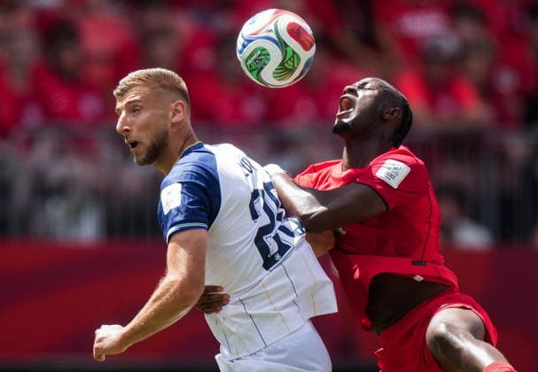 June 12, 2026, Toronto, On, CANADA: Bosnia-Herzegovina s Jovo Lukic (25) and Canada s Ismael Kone (8) vie for the ball during the first half of a World Cup Group B soccer match, in Toronto, on Friday, June 12, 2026. Canada News - June 12, 2026  - ZUMAc35_ 20260612_zaf_c35_273 Copyright: xNathanxDenettex