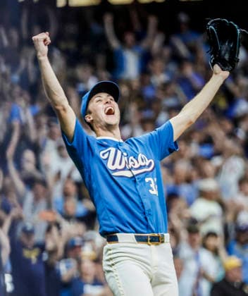 Milwaukee Brewers starting pitcher Jacob Misiorowski reacts after the final out in the ninth inning of the MLB, Baseball Herren, USA game between the Philadelphia Phillies and the Milwaukee Brewers at American Family Field in Milwaukee, Wisconsin on Friday, June 12, 2026. The Brewers shut out the Phillies 6-0.  MIL20260612836 TANNENxMAURY