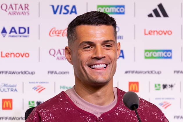 FIFA World Cup, WM, Weltmeisterschaft, Fussball 2026 - Switzerland press conference, PK, Pressekonferenz Switzerland s captain Granit Xhaka reacts during a press conference on the eve of the FIFA World Cup 2026 Group B soccer match between Qatar and Switzerland in Santa Clara, California, USA, 12 June 2026. SANTA CLARA United States  Copyright: xPETERxKLAUNZERx