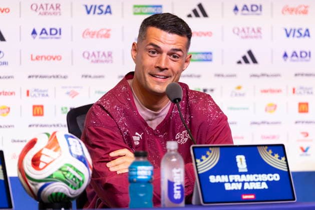 FIFA World Cup, WM, Weltmeisterschaft, Fussball 2026 - Switzerland press conference, PK, Pressekonferenz Switzerland s captain Granit Xhaka speaks during a press conference on the eve of the FIFA World Cup 2026 Group B soccer match between Qatar and Switzerland in Santa Clara, California, USA, 12 June 2026. SANTA CLARA United States  Copyright: xPETERxKLAUNZERx