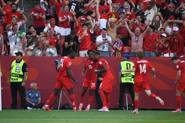 Canada national team, Nationalteam vs Bosnia and Herzegovina National Team. FIFA World Cup, WM, Weltmeisterschaft, Fussball 2026 Group B match. Canada National Team supporters celebrating the goal scored by Cyle Christopher LARIN during the match played between the National Teams of Canada and Bosnia and Herzegovina. FIFA World Cup 2026 Group B match, played on 12.06.26 at the Toronto Stadium in Toronto, Ontario, Canada. Photo Jose Campos PMEimages Toronto Ontario Canada Copyright: xJosexCamposx xPMEimagesx