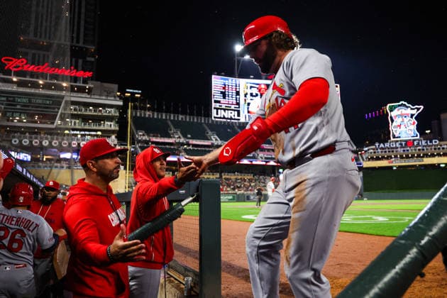 June 12th, 2026: St. Louis Cardinals first baseman Alec Burleson (41) celebrates scoring on a three-run RBI double by St. Louis Cardinals right fielder Jordan Walker (18)(not pictured) in the seventh inning of a MLB, Baseball Herren, USA Baseball game between the St. Louis Cardinals and the Minnesota Twins at Target Field in Minneapolis, Minnesota. CSM Minneapolis USA - ZUMAc04_ 20260612_zma_c04_237 Copyright: xStevenxGarciax