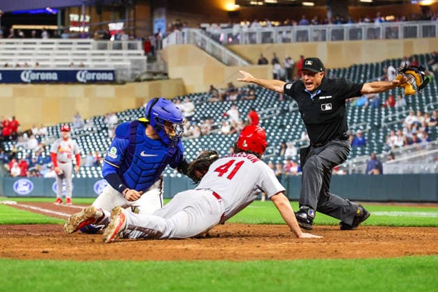 June 12th, 2026: St. Louis Cardinals first baseman Alec Burleson (41) slides into home to score on a RBI double by St. Louis Cardinals right fielder Jordan Walker (18)(not pictured) in the seventh inning of a MLB, Baseball Herren, USA Baseball game between the St. Louis Cardinals and the Minnesota Twins at Target Field in Minneapolis, Minnesota. CSM Minneapolis USA - ZUMAc04_ 20260612_zma_c04_244 Copyright: xStevenxGarciax
