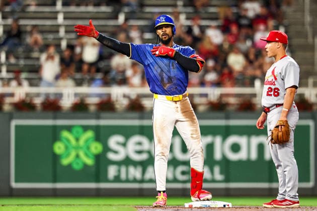 June 12th, 2026: Minnesota Twins center fielder Byron Buxton (25) celebrates a double in the sixth inning a MLB, Baseball Herren, USA Baseball game between the St. Louis Cardinals and the Minnesota Twins at Target Field in Minneapolis, Minnesota. CSM Minneapolis USA - ZUMAc04_ 20260612_zma_c04_245 Copyright: xStevenxGarciax