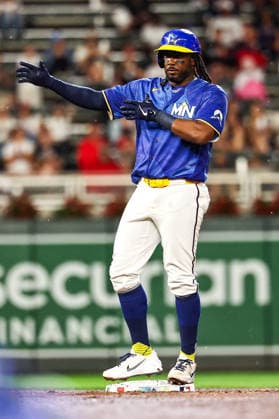 June 12th, 2026: Minnesota Twins designated hitter Josh Bell (56) celebrates a RBI double in the sixth inning of a MLB, Baseball Herren, USA Baseball game between the St. Louis Cardinals and the Minnesota Twins at Target Field in Minneapolis, Minnesota. CSM Minneapolis USA - ZUMAc04_ 20260612_zma_c04_250 Copyright: xStevenxGarciax