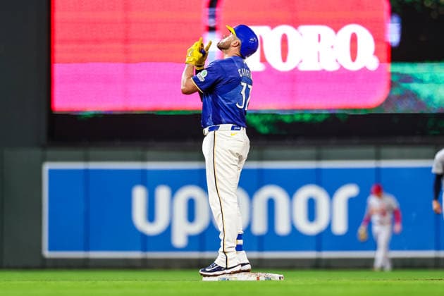 June 12th, 2026: Minnesota Twins catcher Victor Caratini (37) celebrates a double in the fifth inning of a MLB, Baseball Herren, USA Baseball game between the St. Louis Cardinals and the Minnesota Twins at Target Field in Minneapolis, Minnesota. CSM Minneapolis USA - ZUMAc04_ 20260612_zma_c04_249 Copyright: xStevenxGarciax