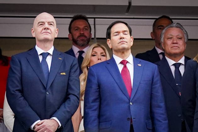 USA: Fussball FIFA World Cup, WM, Weltmeisterschaft, Fussball 2026 Gruppe D USA vs Paraguay SoFi Stadium (Los Angeles, Kalifornien): Ganni Infantino (Präsident FIFA) und Marco Rubio (Außenminister der Vereinigten Staaten)