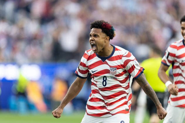 INGLEWOOD, CA - JUNE 12: Weston McKennie 8 of the United States celebrates a goal during the FIFA World Cup, WM, Weltmeisterschaft, Fussball 2026 Group D match between USA and Paraguay on June 12, 2026 at Los Angeles Stadium in Inglewood, CA. (Photo by Karl Anderson Icon Sportswire) SOCCER: JUN 12 FIFA World Cup 26 Group D - USA vs Paraguay EDITORIAL USE ONLY Icon272260612002