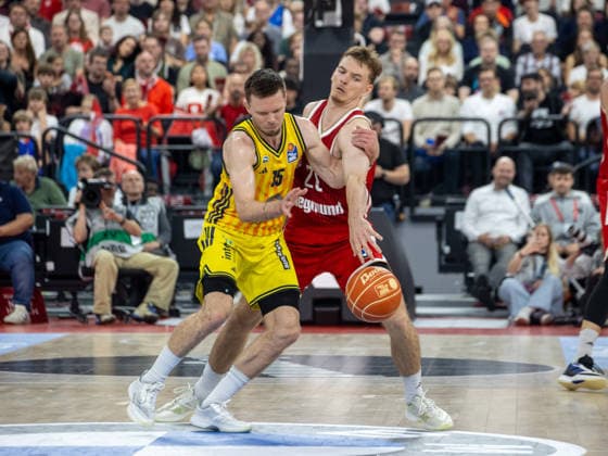 Bayerns 21 Justus HOLLATZ. Basketball, Bayern - Berlin 102:94. Bundesliga, FC Bayern Basketball - Alba Berlin, Playoff Finale, 1.Spiel, Saison 2025-2026, 12.06.2026, in Muenchen, S A P G A R D E N, Deutschland. Quelle Copyright Credit : Oryk HAIST