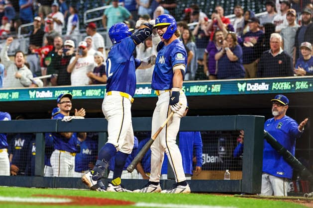 June 12th, 2026: Minnesota Twins third baseman Brooks Lee (22) celebrates a solo home run in the eighth inning of a MLB, Baseball Herren, USA Baseball game between the St. Louis Cardinals and the Minnesota Twins at Target Field in Minneapolis, Minnesota. CSM Minneapolis USA - ZUMAc04_ 20260612_zma_c04_266 Copyright: xStevenxGarciax