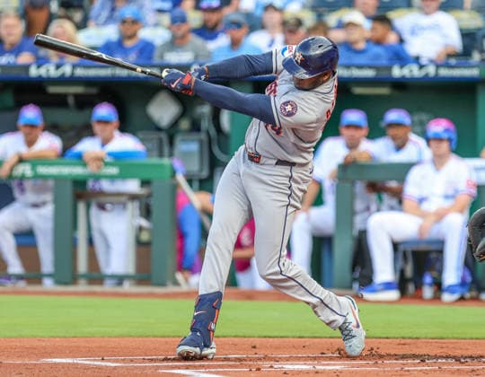 JUNE 12, 2026: Houston Astros designated hitter Yordan Alvarez (44) hits a home run in the 1st inning against the Kansas City Royals at Kauffman Stadium in Kansas City, MO. CSM Kansas City United States - ZUMAc04_ 20260613_zma_c04_002 Copyright: xRomanxPunox