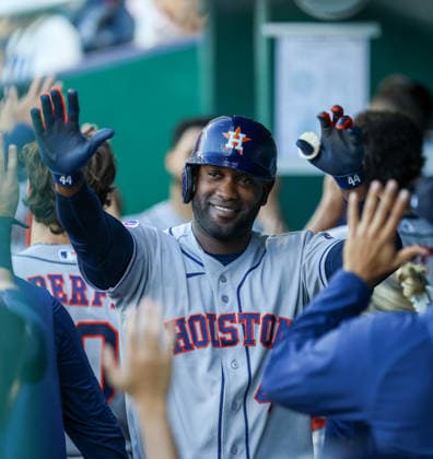 JUNE 12, 2026: Houston Astros designated hitter Yordan Alvarez (44) celebrates in the dugout after hitting a grand slam in the 1st inning against the Kansas City Royals at Kauffman Stadium in Kansas City, MO. CSM Kansas City United States - ZUMAc04_ 20260613_zma_c04_007 Copyright: xRomanxPunox
