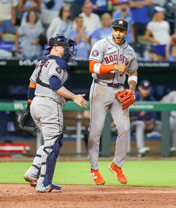 JUNE 12, 2026: Houston Astros shortstop Jeremy PeoÂ±a (3) reacts after throwing out Kansas City Royals outfielder Starling Marte (0) at first base in the 8th inning against the Kansas City Royals at Kauffman Stadium in Kansas City, MO. CSM Kansas City United States - ZUMAc04_ 20260613_zma_c04_009 Copyright: xRomanxPunox