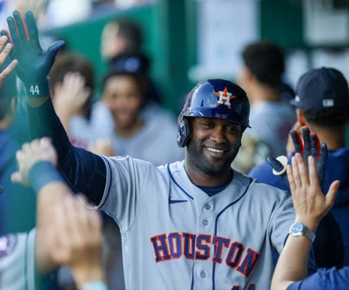 JUNE 12, 2026: Houston Astros designated hitter Yordan Alvarez (44) celebrates in the dugout after hitting a grand slam in the 1st inning against the Kansas City Royals at Kauffman Stadium in Kansas City, MO. CSM Kansas City United States - ZUMAc04_ 20260613_zma_c04_011 Copyright: xRomanxPunox
