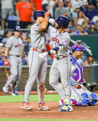 JUNE 12, 2026: Houston Astros infielder Brice Matthews (0) celebrates with Houston Astros outfielder Cam Smith (11) against the Kansas City Royals at Kauffman Stadium in Kansas City, MO. CSM Kansas City United States - ZUMAc04_ 20260613_zma_c04_015 Copyright: xRomanxPunox