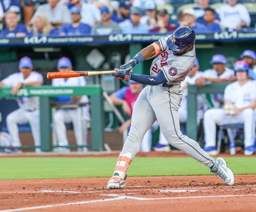 JUNE 12, 2026: Houston Astros outfielder Taylor Trammell (26) hits a single in the 1st inning against the Kansas City Royals at Kauffman Stadium in Kansas City, MO. CSM Kansas City United States - ZUMAc04_ 20260613_zma_c04_022 Copyright: xRomanxPunox