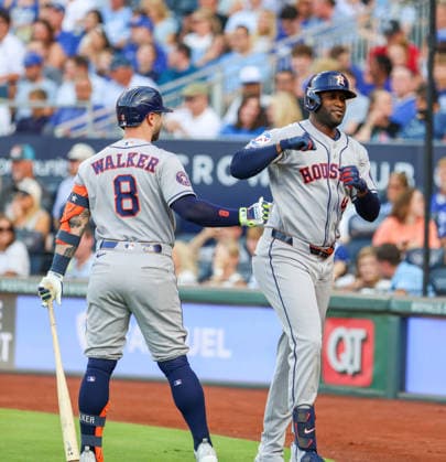 JUNE 12, 2026: Houston Astros designated hitter Yordan Alvarez (44) celebrates with Houston Astros first baseman Christian Walker (8) after hitting a grand slam in the 1st inning against the Kansas City Royals at Kauffman Stadium in Kansas City, MO. CSM Kansas City United States - ZUMAc04_ 20260613_zma_c04_027 Copyright: xRomanxPunox