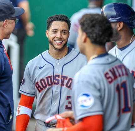 JUNE 12, 2026: Houston Astros shortstop Jeremy PeoÂ±a (3) reacts in the dugout in the 1st inning against the Kansas City Royals at Kauffman Stadium in Kansas City, MO. CSM Kansas City United States - ZUMAc04_ 20260613_zma_c04_033 Copyright: xRomanxPunox