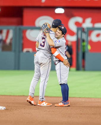 JUNE 12, 2026: Houston Astros second baseman Jose Altuve (27) celebrates with Houston Astros shortstop Jeremy PeoÂ±a (3) after a win against the Kansas City Royals at Kauffman Stadium in Kansas City, MO. CSM Kansas City United States - ZUMAc04_ 20260613_zma_c04_039 Copyright: xRomanxPunox