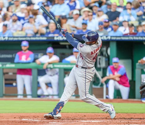 JUNE 12, 2026: at Kauffman Stadium in Kansas City, MO. JUNE 12, 2026: Houston Astros designated hitter Yordan Alvarez (44) hits a grand slam in the 1st inning against the Kansas City Royals at Kauffman Stadium in Kansas City, MO. CSM Kansas City United States - ZUMAc04_ 20260613_zma_c04_050 Copyright: xRomanxPunox