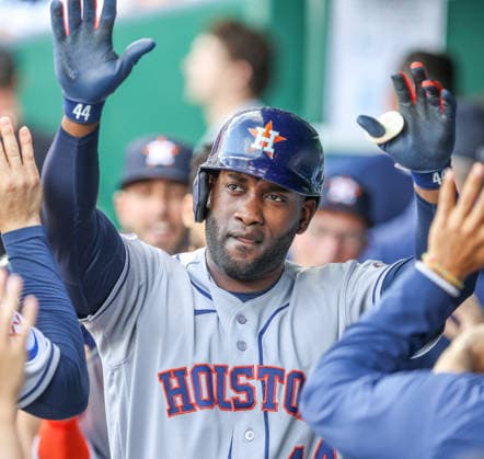 JUNE 12, 2026: Houston Astros designated hitter Yordan Alvarez (44) celebrates in the dugout after hitting a home run in the 1st inning against the Kansas City Royals at Kauffman Stadium in Kansas City, MO. CSM Kansas City United States - ZUMAc04_ 20260613_zma_c04_061 Copyright: xRomanxPunox