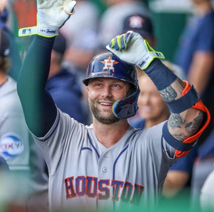 JUNE 12, 2026: Houston Astros first baseman Christian Walker (8) celebrates in the dugout after hitting a home run in the 1st inning against the Kansas City Royals at Kauffman Stadium in Kansas City, MO. CSM Kansas City United States - ZUMAc04_ 20260613_zma_c04_064 Copyright: xRomanxPunox