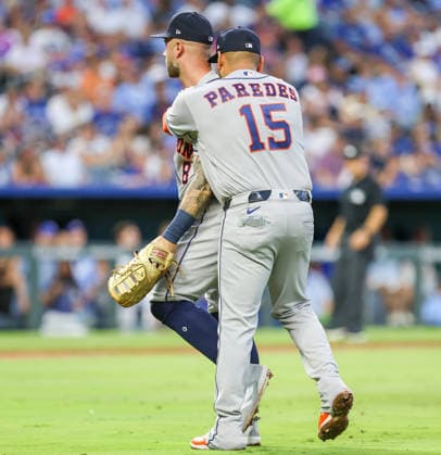 JUNE 12, 2026: Houston Astros infielder Isaac Paredes (15) reacts after colliding with Houston Astros first baseman Christian Walker (8) against the Kansas City Royals at Kauffman Stadium in Kansas City, MO. CSM Kansas City United States - ZUMAc04_ 20260613_zma_c04_066 Copyright: xRomanxPunox