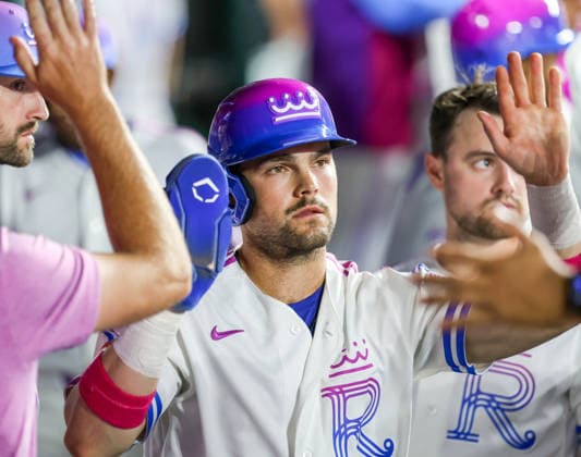 JUNE 12, 2026: Kansas City Royals infielder Michael Massey (19) celebrates in the dugout in the 8th inning against the Houston Astros at Kauffman Stadium in Kansas City, MO. CSM Kansas City United States - ZUMAc04_ 20260613_zma_c04_084 Copyright: xRomanxPunox