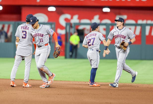 JUNE 12, 2026: Houston Astros outfielder Cam Smith (11), Houston Astros shortstop Jeremy PeoÂ±a (3), Houston Astros second baseman Jose Altuve (27) and Houston Astros center fielder Jake Meyers (6) celebrates after a win against the Kansas City Royals at Kauffman Stadium in Kansas City, MO. CSM Kansas City United States - ZUMAc04_ 20260613_zma_c04_085 Copyright: xRomanxPunox