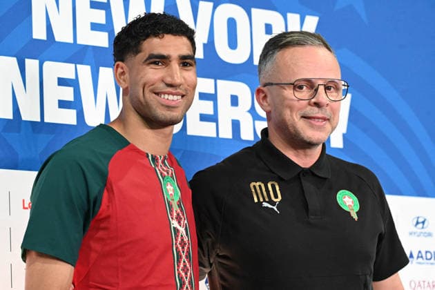 SOCCER - FIFA World Cup, WM, Weltmeisterschaft, Fussball - Morocco national team, Nationalteam - press conference, PK, Pressekonferenz Photo by IPA ABACAPRESS.COM85632432 - Achraf Hakimi (Morocco) at a press conference and Mohamed Ouahbi (Morocco s head coach) during the Morocco Team press conference at the FIFA World Cup match in East Rutherford, New Jersey, USA, on June 12, 2026 East Rutherford, New Jersey  Copyright: xIPAxSport ABACAx