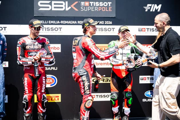 IPA85638970 - Nicolo Bulega receiving the Superpole trophy - SUPERBIKE Pirelli Emilia Romagna Round. At the Misano World Circuit Marco Simoncelli in Misano Adriatico, RN, Italy. On June 13, 2026.  Copyright: xRiccardoxSpadettoxDexPaulis IPAxSportx xx 85638970