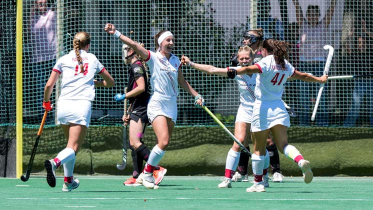 v.li.: Linn Häffner (TSVMH, 14), Torschützin Johanna Mühl (TSVMH, 8), Lotte Nafzger (TSVMH, 26), Kira Elena Schanzenbecher (TSVMH, 41, Kapitänin), Spielerinnen vom TSV Mannheim Hockey, jubeln über das Tor zum 2:0, Jubel, Torjubel, Torerfolg, celebrate the goal, goal, celebration, jubelt ueber das Tor, Freuen, Freude, freut sich, optimistisch, positiv, Spielszene, Highlight, Action, Aktion, 13.06.2026, Mannheim (Deutschland), Hockey, 2. Bundesliga, Gruppe Süd, Damen, TSV Mannheim - HC Ludwigsburg