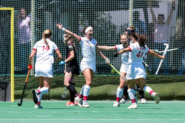 v.li.: Linn Häffner (TSVMH, 14), Torschützin Johanna Mühl (TSVMH, 8), Lotte Nafzger (TSVMH, 26), Kira Elena Schanzenbecher (TSVMH, 41, Kapitänin), Spielerinnen vom TSV Mannheim Hockey, jubeln über das Tor zum 2:0, Jubel, Torjubel, Torerfolg, celebrate the goal, goal, celebration, jubelt ueber das Tor, Freuen, Freude, freut sich, optimistisch, positiv, Spielszene, Highlight, Action, Aktion, 13.06.2026, Mannheim (Deutschland), Hockey, 2. Bundesliga, Gruppe Süd, Damen, TSV Mannheim - HC Ludwigsburg