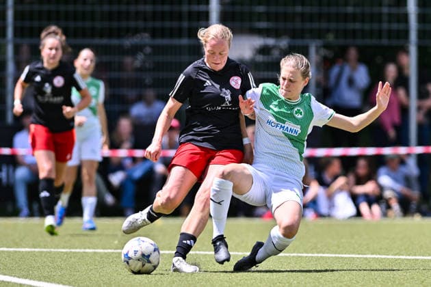 HISCOX Verbandspokal; SC Amicitia München - SpVgg Greuther Fürth; 13.06.2026 MÜNCHEN, GERMANY - 13. June: im Duell Amelie ROKSANDIC (SC Amicitia München 24) und Lena FRANKE (SpVgg Greuther Fürth 22) während dem Match zwischen dem SC Amicitia München und der SpVgg Greuther Fürth beim Finale des HISCOX Verbandspokals an der Sportanlage des SC Amicitia