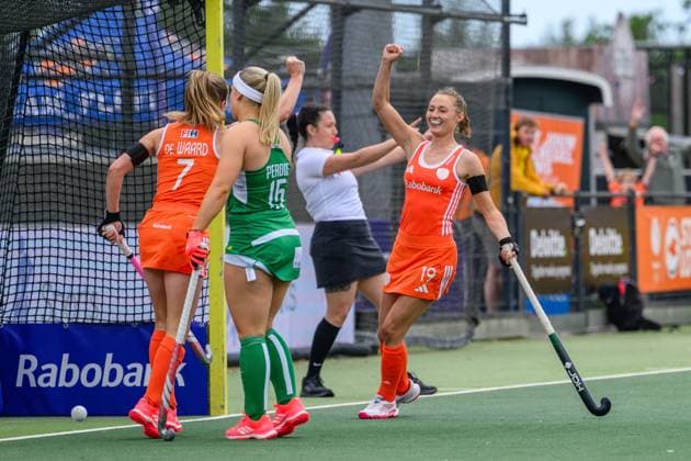 ROTTERDAM, 13-06-2026, HC Rotterdam, FIH Hockey Pro League Women, Season 2025-2026. Marijn Veen celebrating the goal scored during the game Netherlands - Ireland (1st match). Netherlands - Ireland (1st match)  x204328509x Copyright: