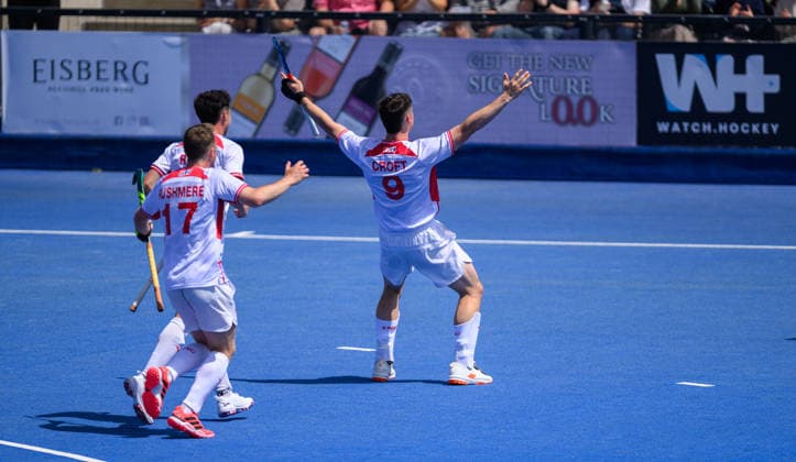 England Men v Argentina Men Men s FIH Pro League Henry Croft of England Men celebrates scoring his first goal against Argentina Men during the Men s FIH Pro League match at Lee Valley Hockey Tennis Centre, Stratford 13 06 2026 UK Newspapers OUT Copyright: xGraemexWilcocksonx FIL-23551-0004