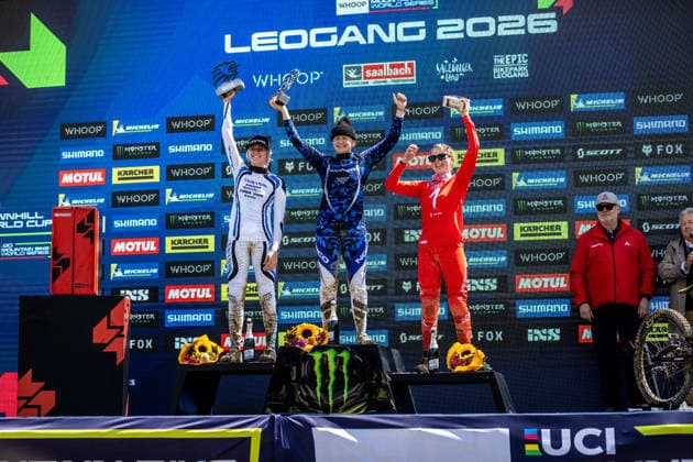 Whoop UCI Mountainbike World Series Leogang Downhill Podium OSTGAARD Aletha CANYON DH RACING,FRENER Lina NORCO X ADIDAS RACE DIVISION,JENSEN Rosa Marie SPECIALIZED GRAVITYat Whoop UCI Mountainbike World Series Leogang Downhill, 13.06.2026,in Leogang,AUT Foto: Sebastian Sternemann