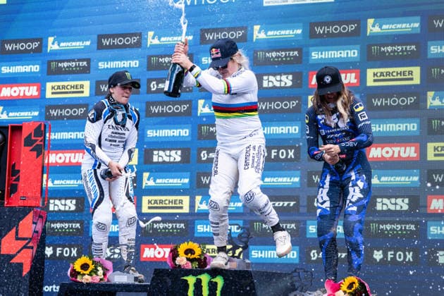 MOUNTAINBIKE - UCI MTB World Series LEOGANG,AUSTRIA,13.JUN.26 - CYCLING, MOUNTAIN BIKE - UCI Mountainbike World Cup, downhill. Image shows Valentina Hoell (AUT), Marine Cabirou (FRA) and Anna Newkirk (USA).  GEPAxpictures xJulioxArellano