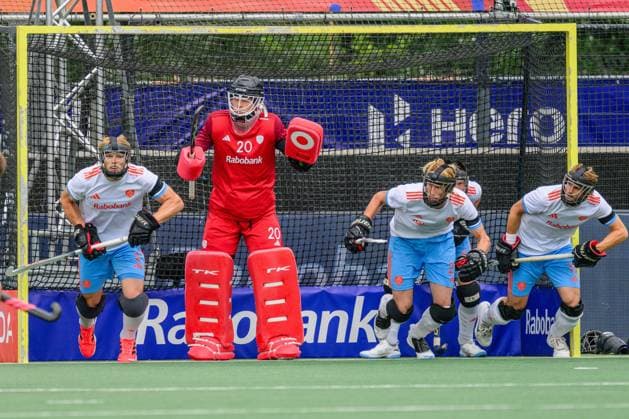 ROTTERDAM, 13-06-2026, HC Rotterdam, FIH Hockey Pro League Men, Season 2025-2026. Derk Meijer defending a penalty corner during the game Netherlands - Germany (1st match). Netherlands - Germany (1st match)  x204331194x Copyright: