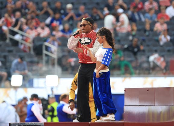 LOS ANGELES, CALIFORNIA - JUNE 12: Future and Tyla perform during the Opening Ceremony before the Opening Ceremony before the FIFA World Cup, WM, Weltmeisterschaft, Fussball 2026 Group D match between USA and Paraguay at Los Angeles Stadium on June 12, 2026 in Los Angeles, California.  Copyright: xMBxMediax