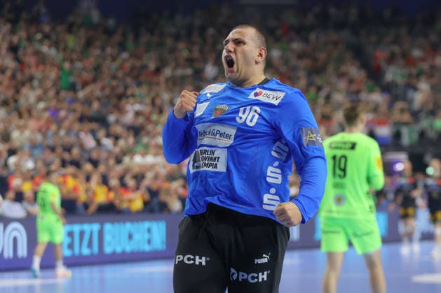 13.06.2026, xtgx, Handball, EHF Champions League Halbfinale, SC Magdeburg - Füchse Berlin v.l. Dejan Milosavljev (Berlin, 96) Jubelt ueber gehaltenen Ball, abgewehrt, gehalten, Torhueter Koeln