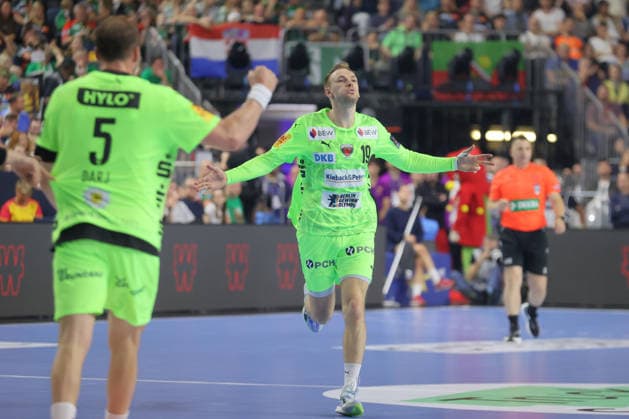 13.06.2026, xtgx, Handball, EHF Champions League Halbfinale, SC Magdeburg - Füchse Berlin v.l. Mathias Gidsel (Berlin, 19) Jubel, Torjubel, jubelt ueber das Tor, celebrate the goal, celebration Koeln