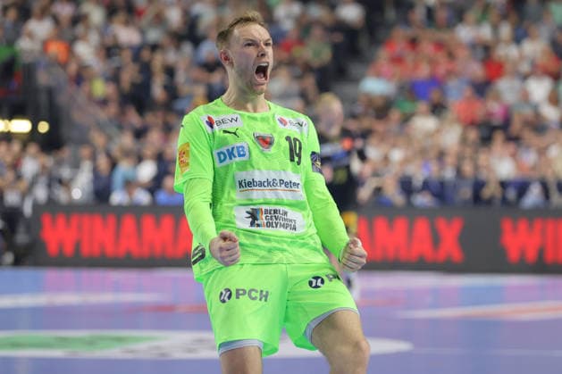 13.06.2026, xtgx, Handball, EHF Champions League Halbfinale, SC Magdeburg - Füchse Berlin v.l. Mathias Gidsel (Berlin, 19) Jubel, Torjubel, jubelt ueber das Tor, celebrate the goal, celebration Koeln
